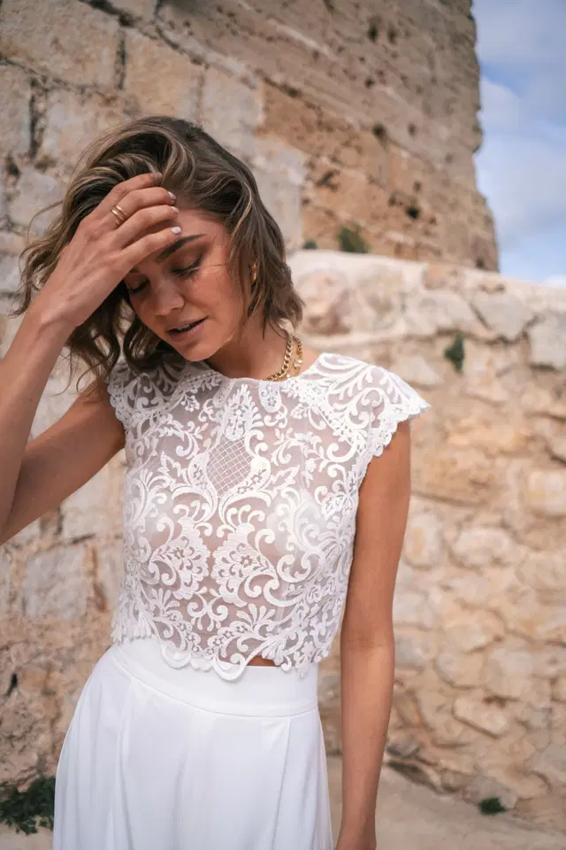 Caja Top by Malee: Two-Piece silhouette, high / halter neckline, lace