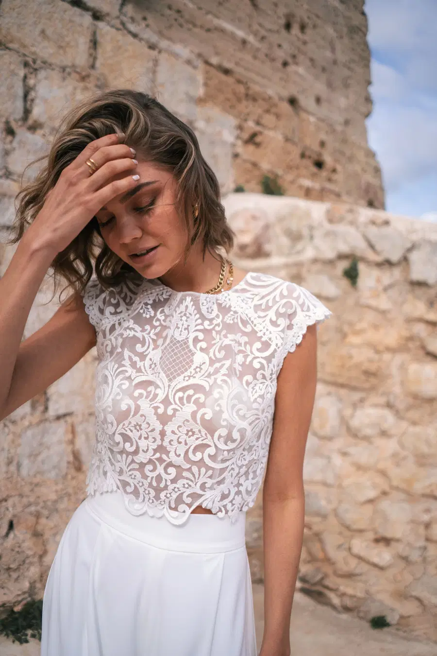 Caja Top by Malee: Two-Piece silhouette, high / halter neckline, lace