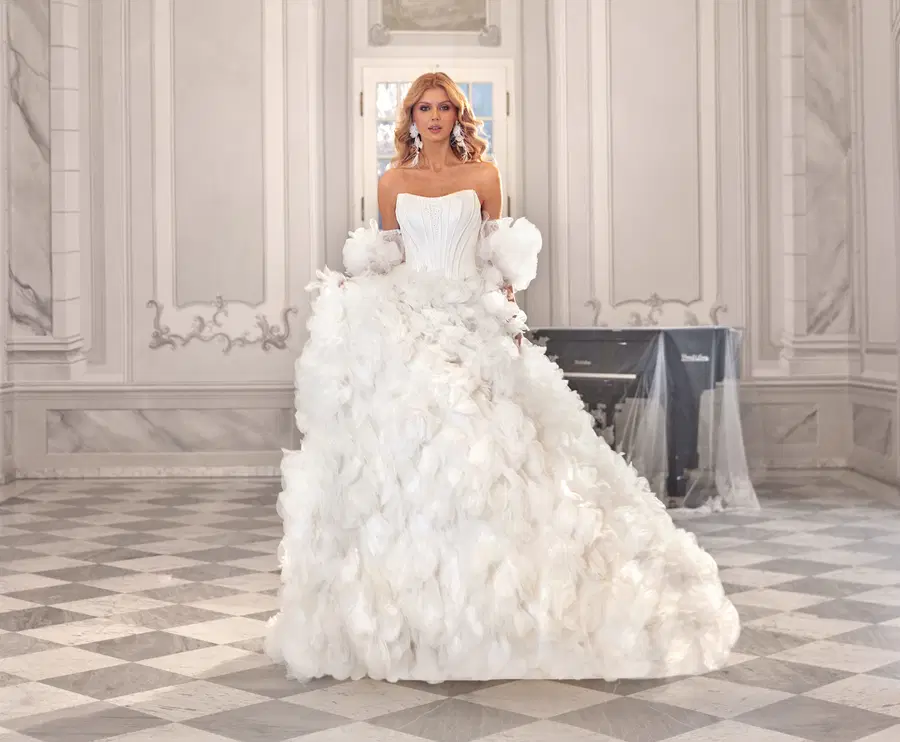 Perla by Vanilla Sposa: Ball Gown silhouette, scoop neckline, separate sleeves, mikado