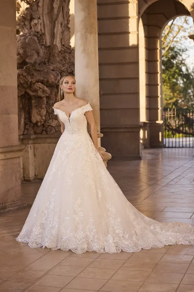 Hosanna by Veni Infantino: Ball Gown silhouette, off-shoulder neckline, lace
