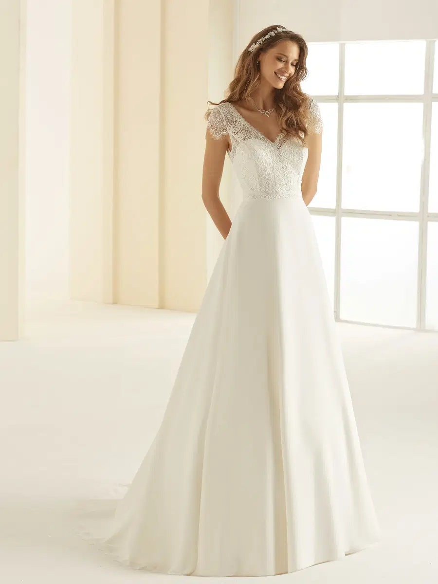 NATALIE by Bianco Evento: A-Line silhouette, V-neck neckline, cap sleeves, lace