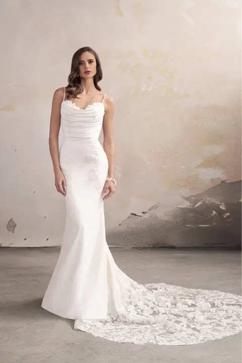 Kara wedding dress by Donna Salado Couture, fit & flare, crepe