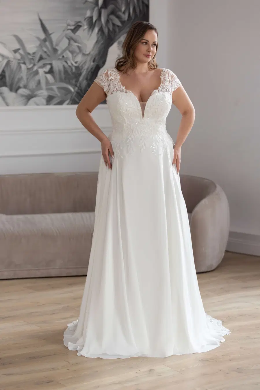 Gardenia by Jarice: A-Line silhouette, V-neck neckline, cap sleeves, chiffon