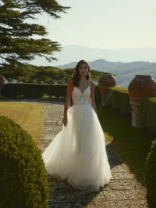 Denise by Modeca Bridal: A-Line silhouette, V-neck neckline, sleeveless, lace