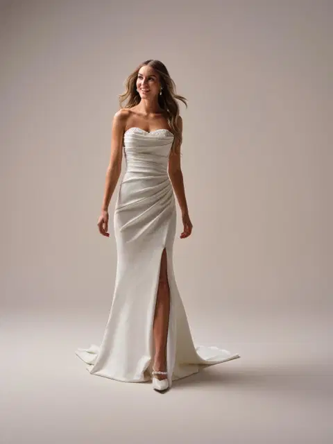 Kathleen wedding dress by Rebecca Ingram, fit & flare, crepe