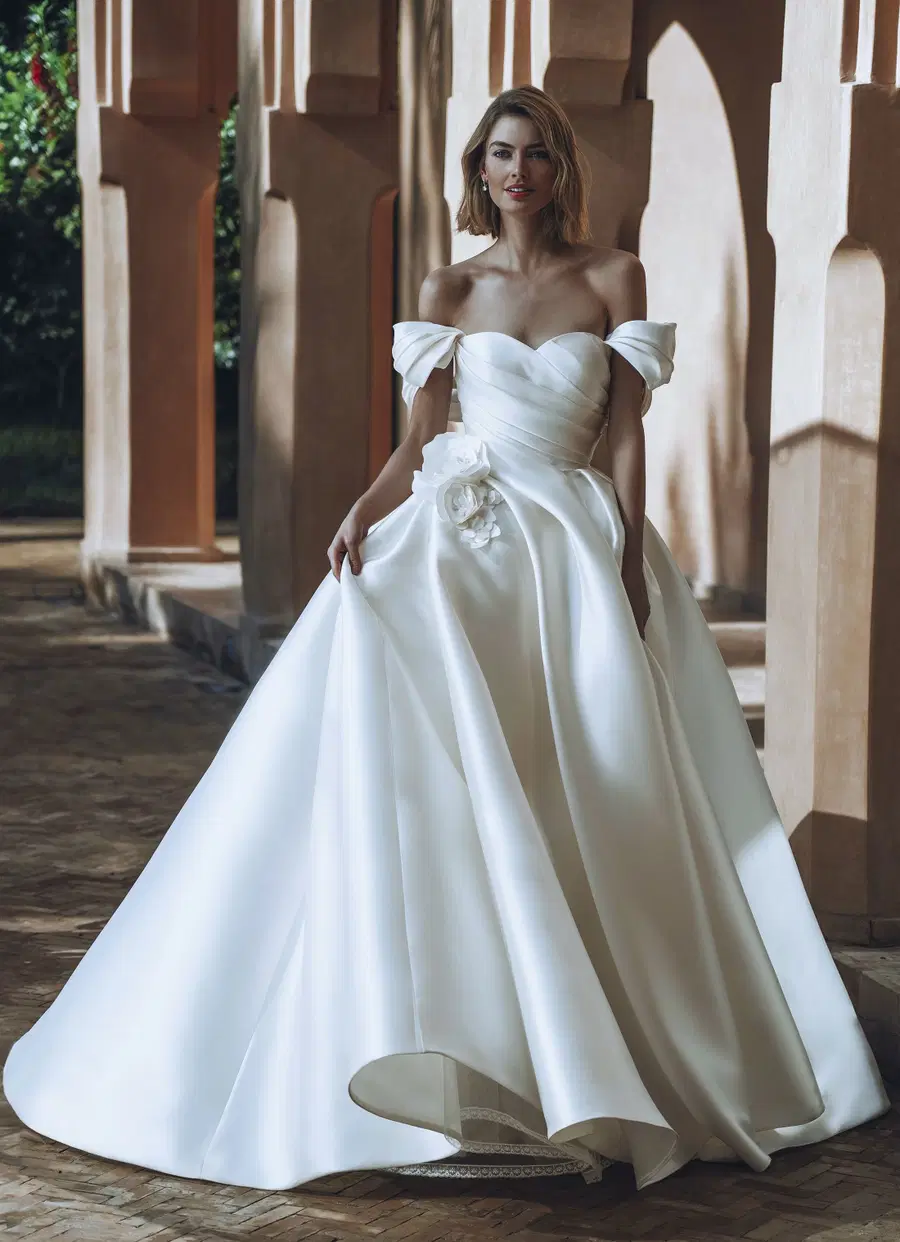ULIANA by Enzoani: Ball Gown silhouette, off-shoulder neckline, satin