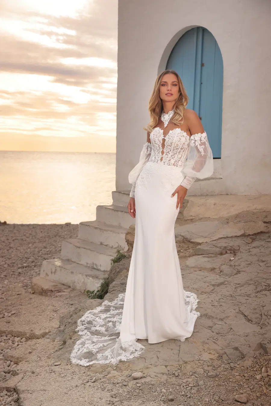 Abby by Azuree Bridal: Fit & Flare silhouette, deep V-neck neckline, separate sleeves, crepe