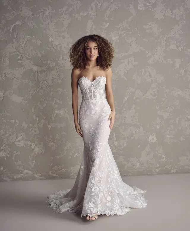 Fairchild by Maggie Sottero: Mermaid silhouette, sweetheart neckline, separate sleeves, lace
