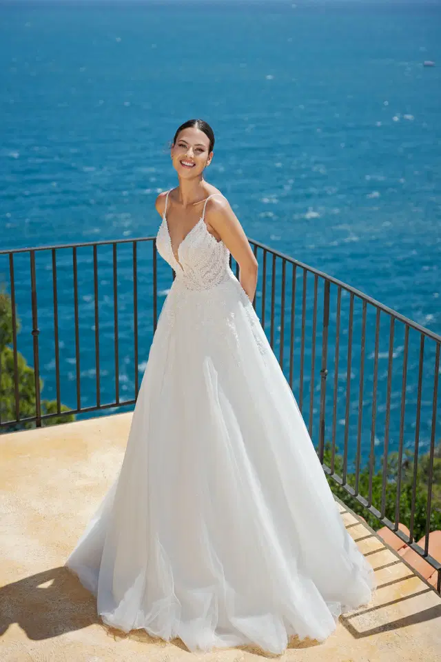 MGB102 by Miss Beautiful Bride: Ball Gown silhouette, deep V-neck neckline, sleeveless, tulle