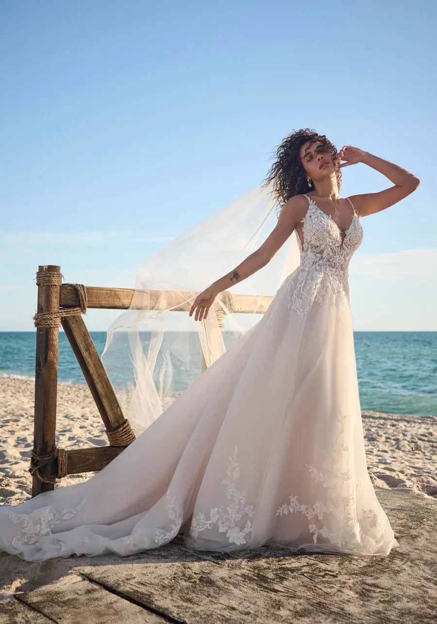 Lizzy by Rebecca Ingram: A-Line silhouette, deep V-neck neckline, sleeveless, lace