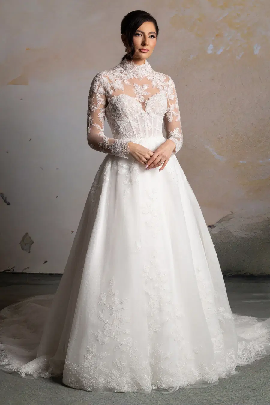 Richenza Overskirt by Donna Salado Bridal: Ball Gown silhouette, high / halter neckline, long sleeves, lace