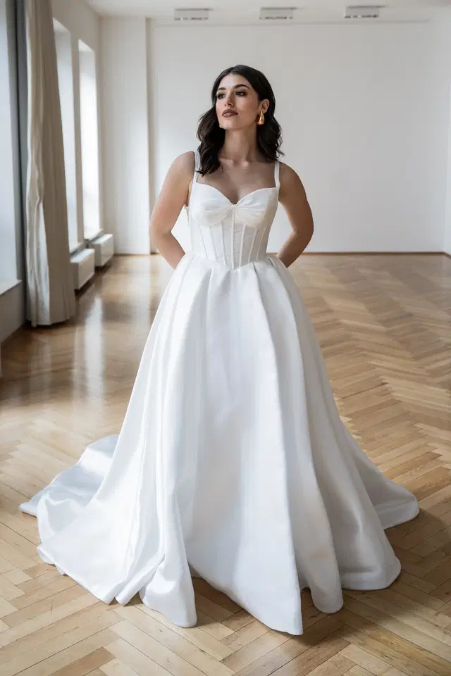 Emma by Fan Xia: A-Line silhouette, semi sweetheart neckline, mikado