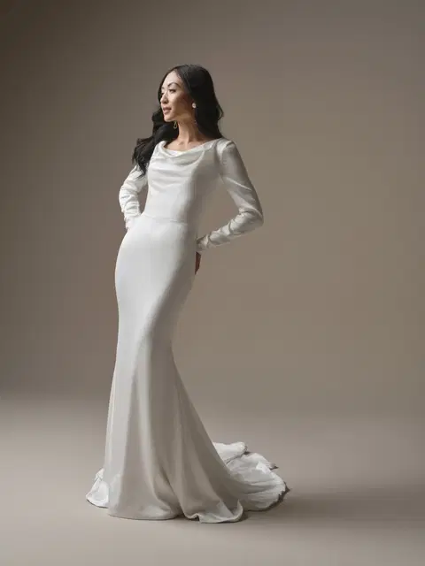 Melinda wedding dress by Maggie Sottero, fit & flare, satin