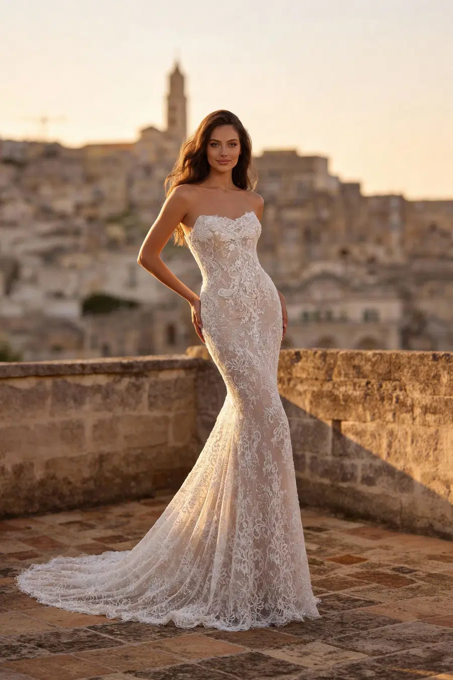 8397 by Monica Loretti: Fit & Flare silhouette, cat eye neckline, sleeveless, lace