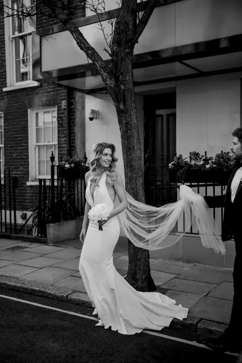 Audrey wedding dress by MWL Bride, trumpet, deep V-neck