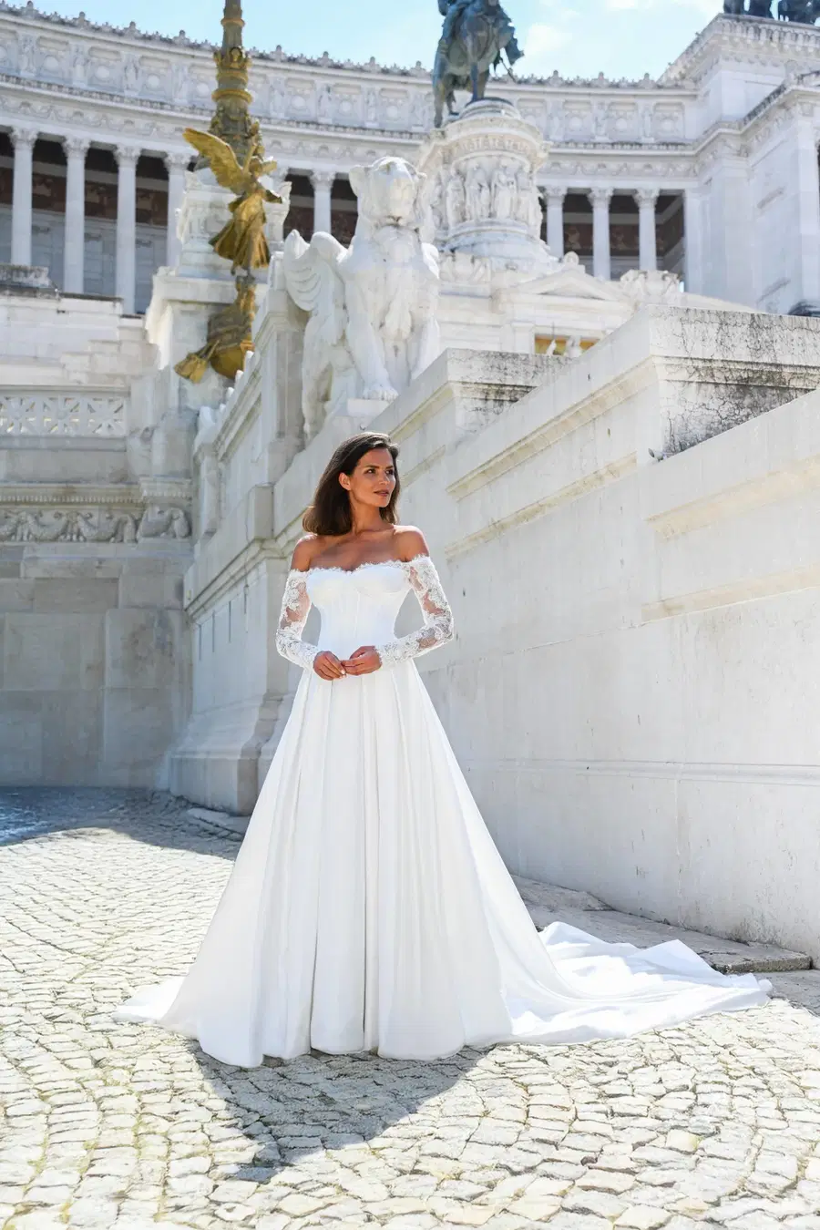 Invicta by Dando London: Ball Gown silhouette, off-shoulder neckline, long sleeves, satin