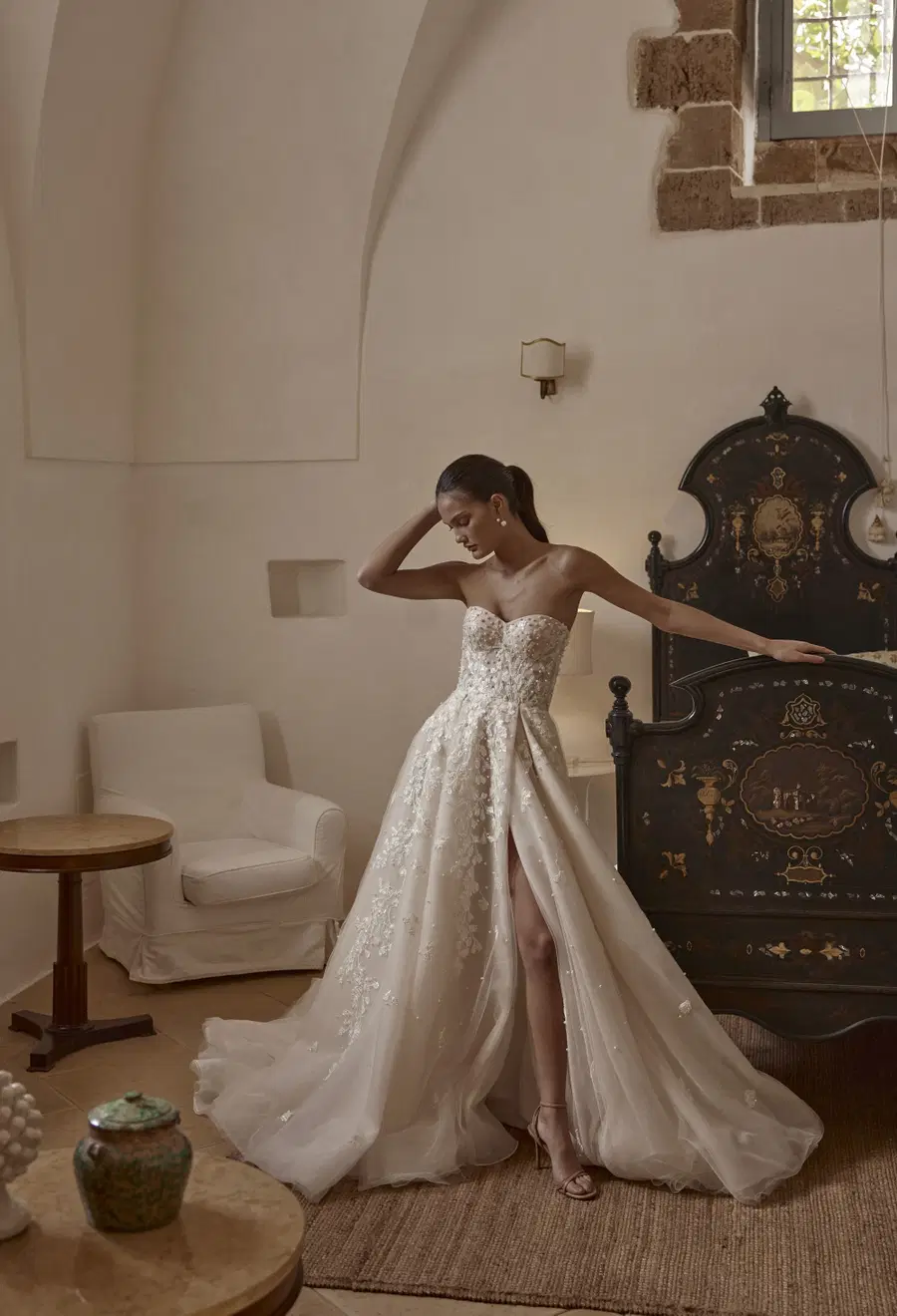 Lysandra 25-019 by Ricca Sposa: A-Line silhouette, sweetheart neckline, detachable sleeves, lace