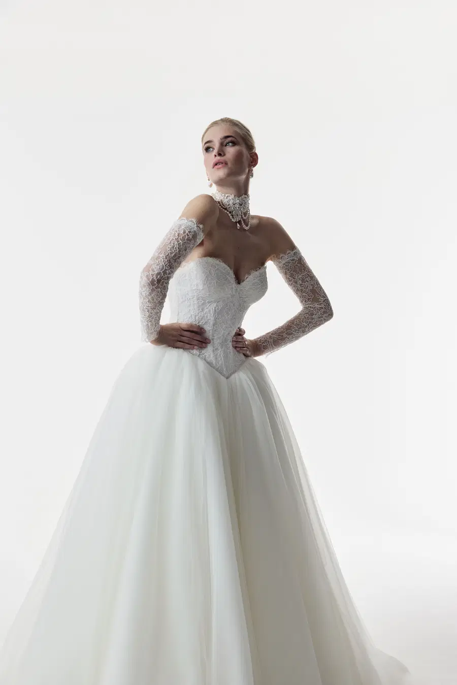 Theodora by Josephine Scott: Ball Gown silhouette, sweetheart neckline, separate sleeves, lace
