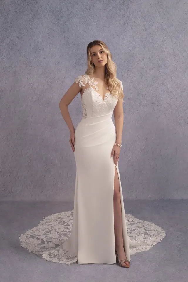 Tasia by Donna Salado Bridal: Fit & Flare silhouette, sweetheart neckline, cap sleeves, crepe