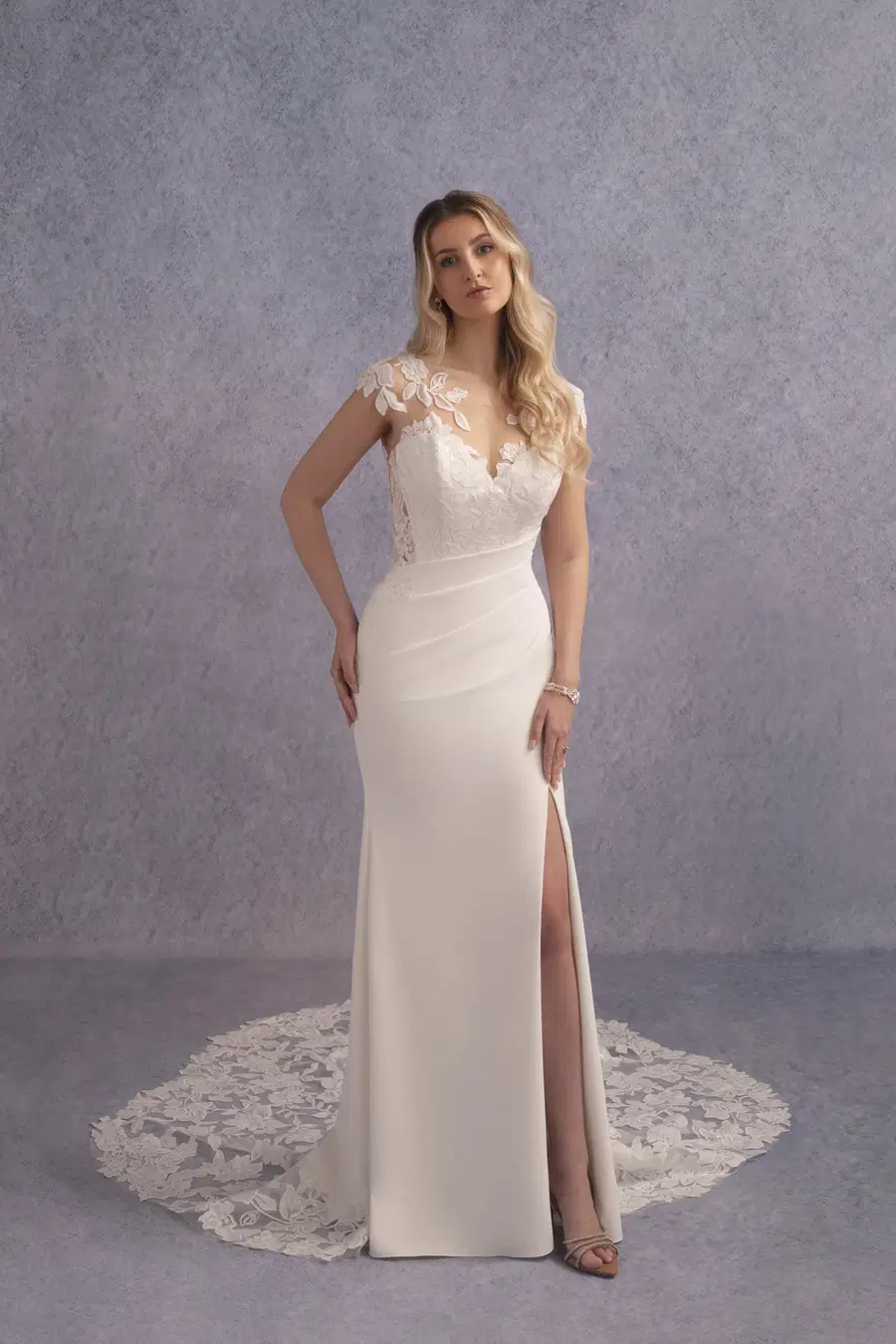 Tasia by Donna Salado Bridal: Fit & Flare silhouette, sweetheart neckline, cap sleeves, crepe