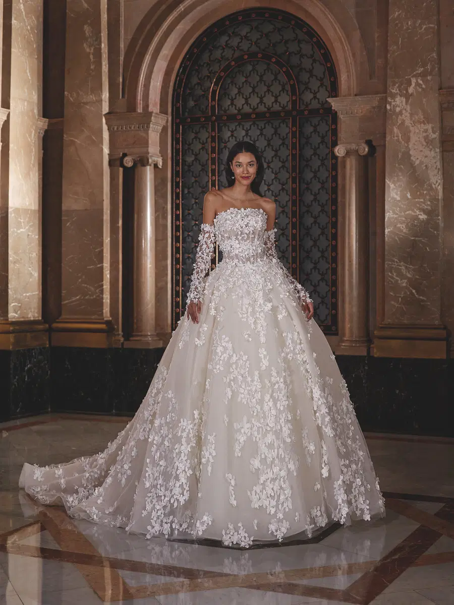 DP550 by Demetrios: Ball Gown silhouette, straight neckline, long sleeves, lace
