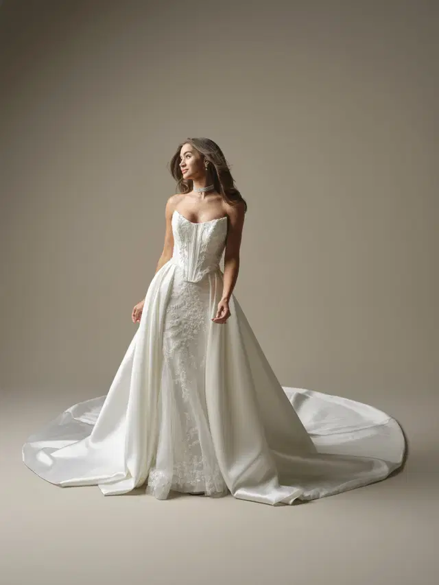Wyntelle by Maggie Sottero: A-Line silhouette, cat eye neckline, crepe
