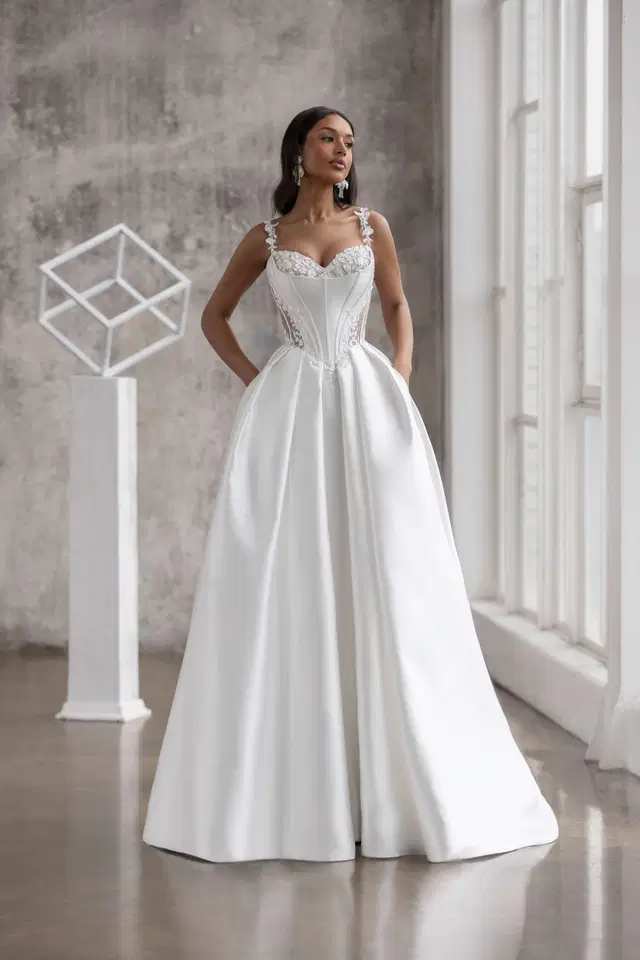Frivola by Jarice: Ball Gown silhouette, semi sweetheart neckline, mikado