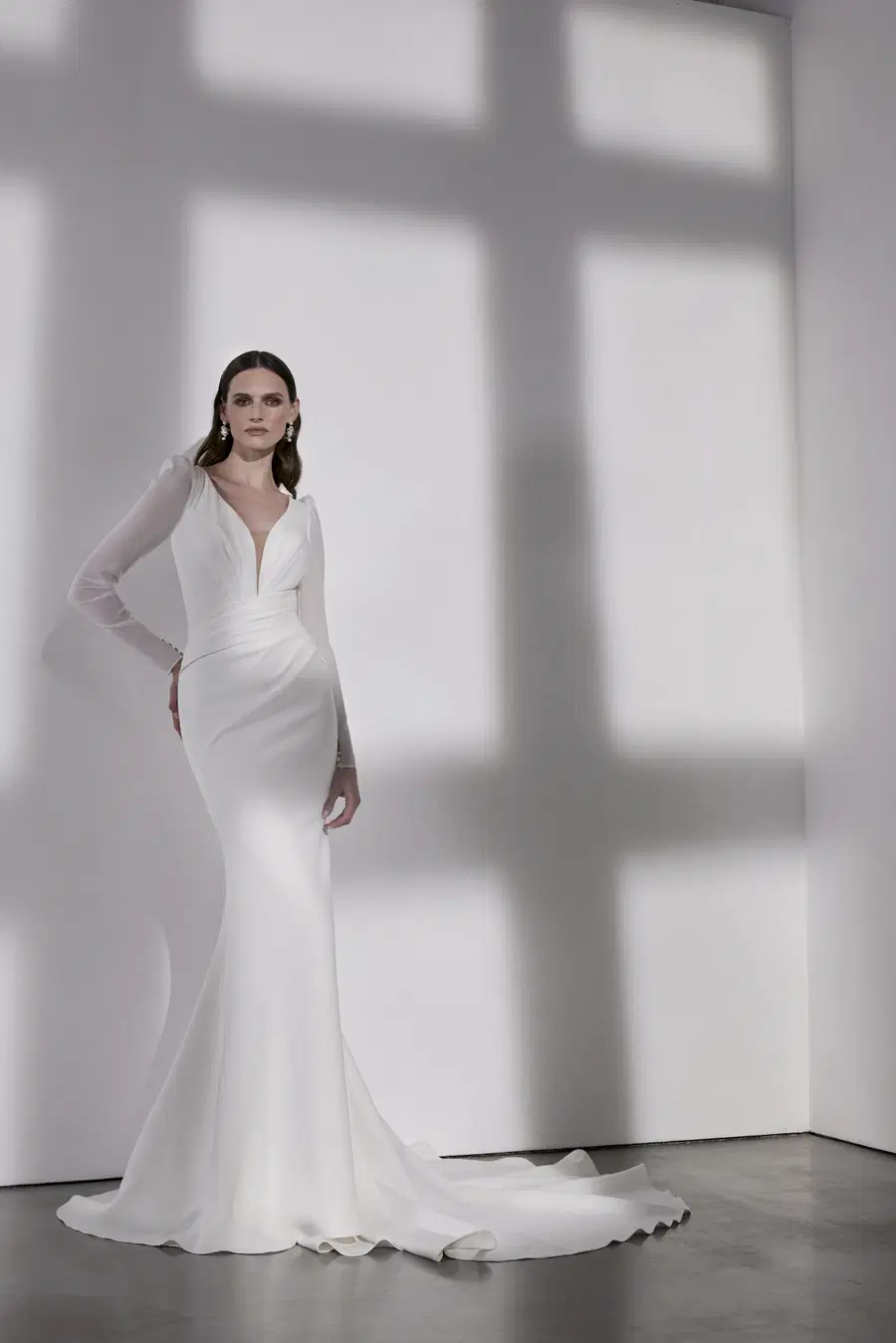 Holland by Avenue by Josephine Scott: Mermaid silhouette, V-neck neckline, long sleeves, chiffon
