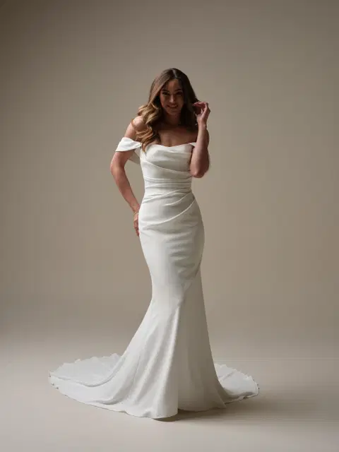Denise wedding dress by Rebecca Ingram, fit & flare, crepe