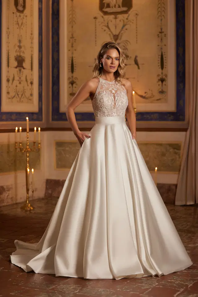 6436 by Daniela Di Marino: Ball Gown silhouette, high / halter neckline, sleeveless, lace