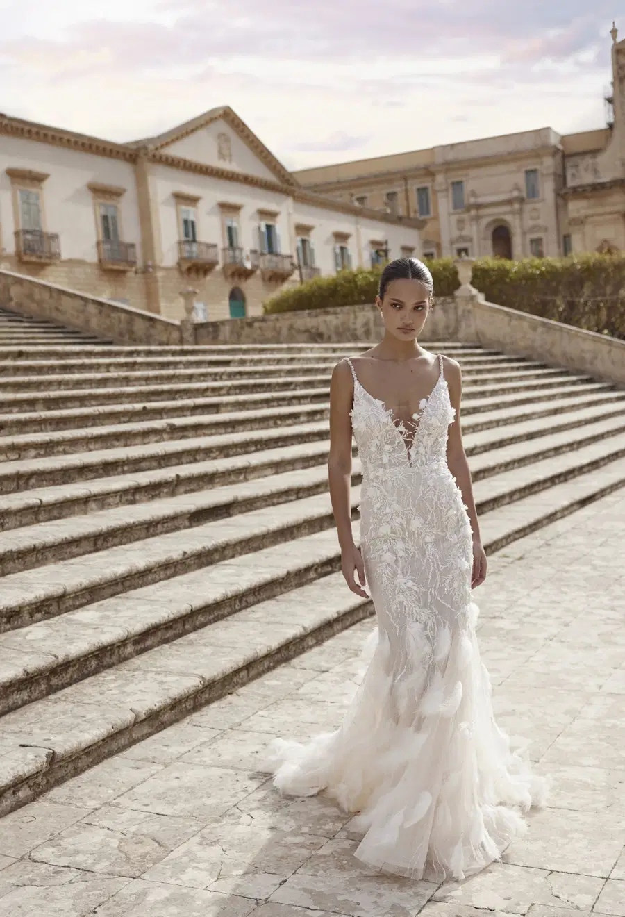 Celeste 25-010 by Ricca Sposa: Mermaid silhouette, deep V-neck neckline, sleeveless, lace