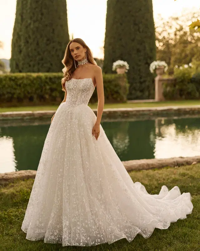XIMAY by Aire Barcelona: Ball Gown silhouette, off-shoulder neckline, sleeveless, lace
