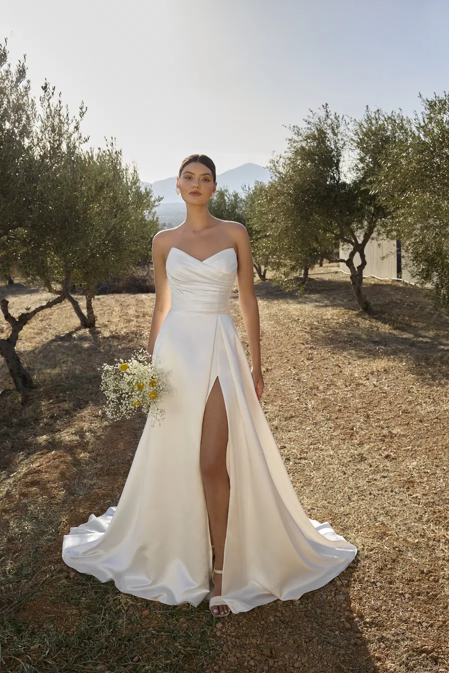 L1152 by Demetrios: A-Line silhouette, V-neck neckline, sleeveless, satin