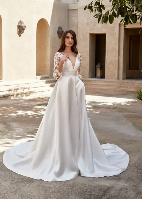 Larkspur wedding dress by Dando London, A-line, mikado