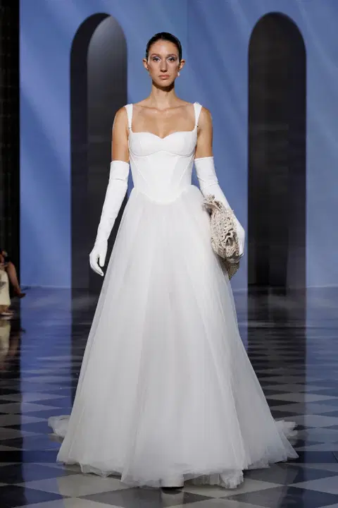 Briselle wedding dress by Milla Nova, A-line, stretch satin