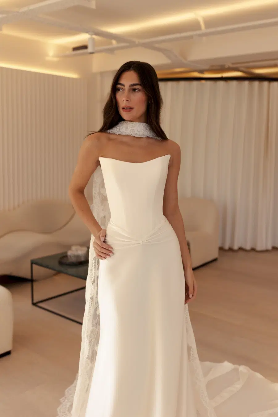 Natalie by MWL Bride: Straight silhouette, straight neckline, sleeveless, satin