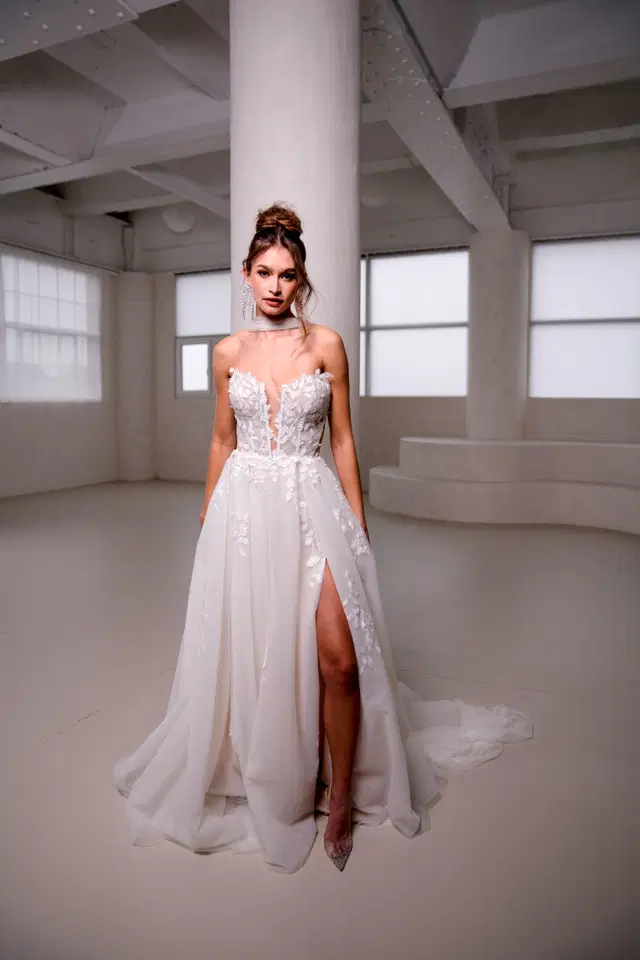 Halo 2506 by Halo: A-Line silhouette, deep V-neck neckline, sleeveless, lace