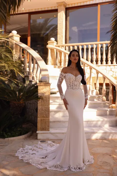 Style 8259 wedding dress by Demetrios, mermaid, crepe