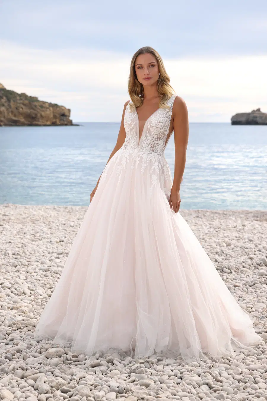 Amal by Azuree Bridal: A-Line silhouette, deep V-neck neckline, lace