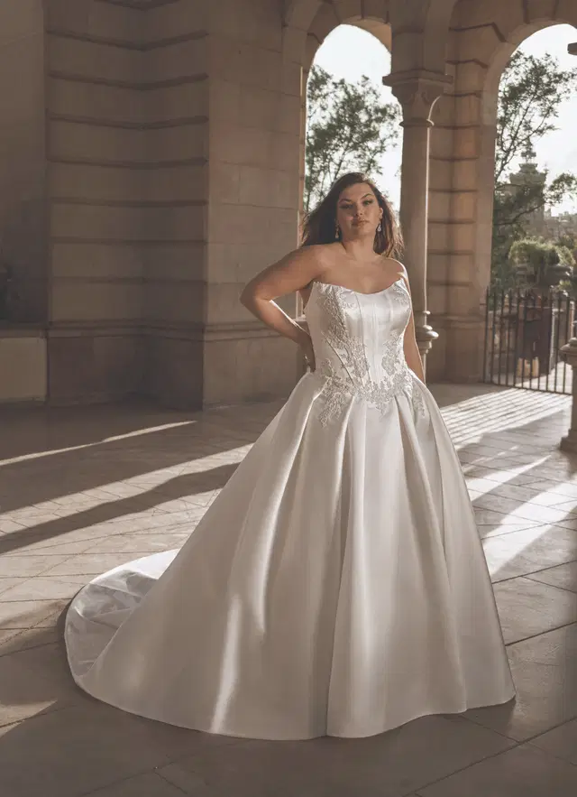 Geneva by Portrait: Ball Gown silhouette, scoop neckline, satin, chapel train