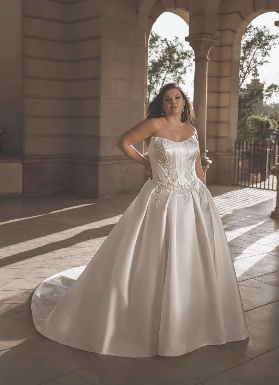 Geneva by Portrait: Ball Gown silhouette, scoop neckline, satin, chapel train