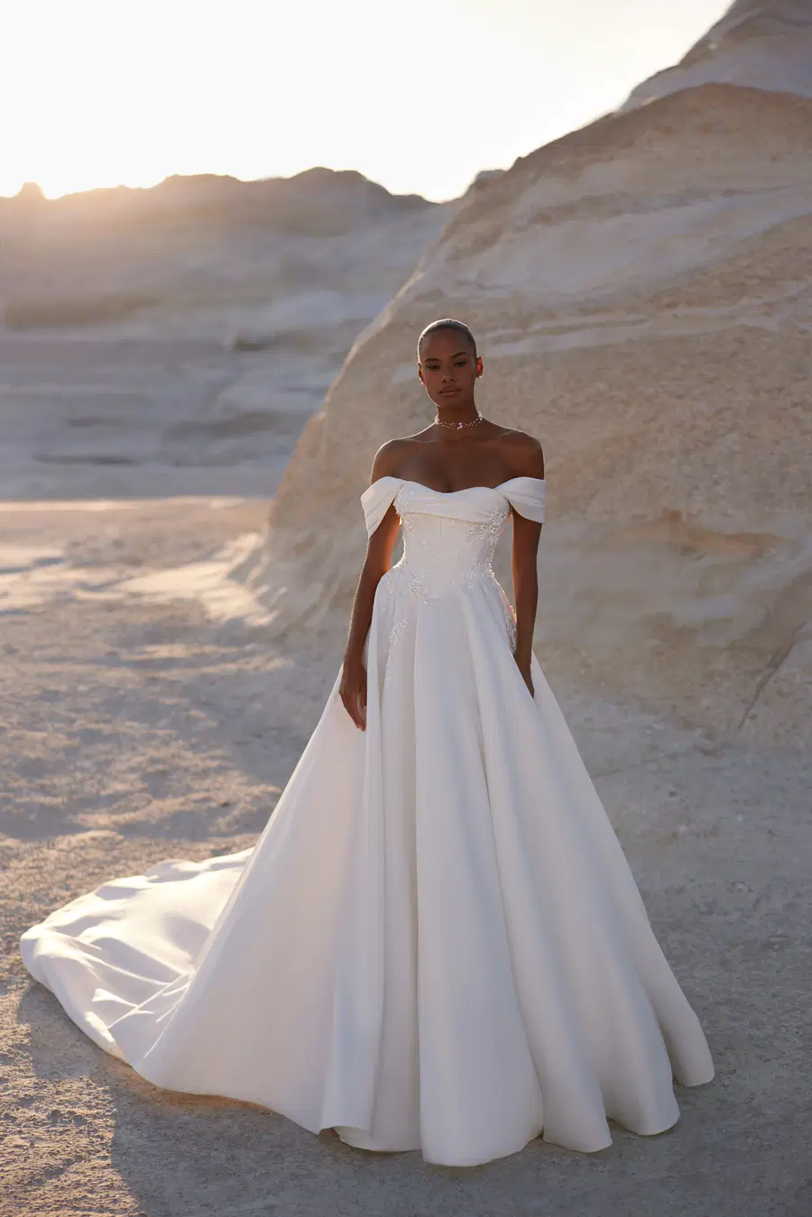 Chabli by Eva Lendel: Ball Gown silhouette, off-shoulder neckline, sleeveless, mikado
