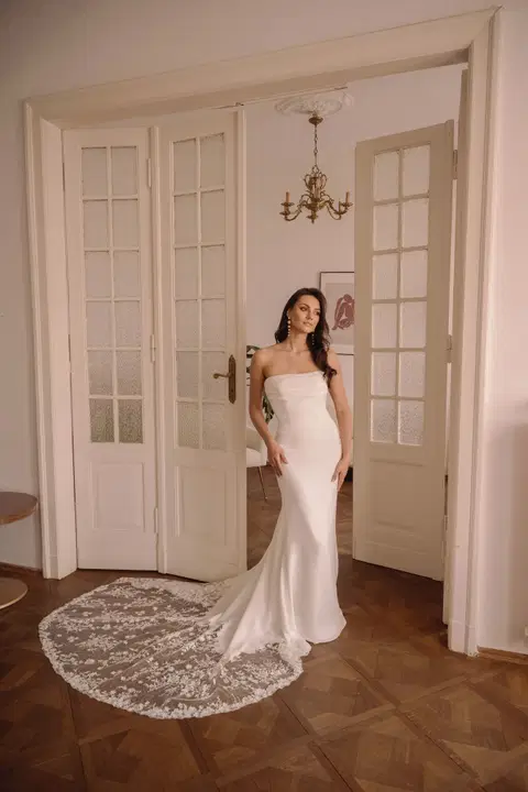 Style TO-2183T wedding dress by Agnes, satin, straight