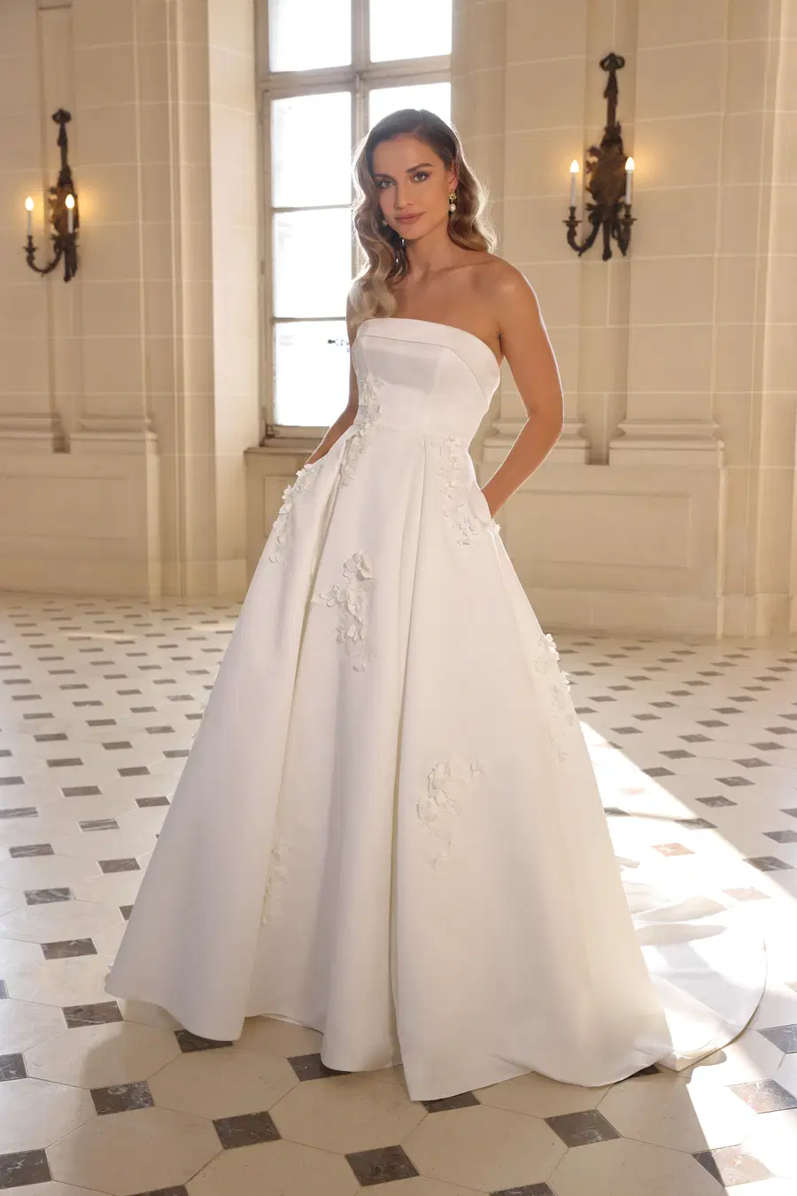Emma by Azuree Bridal: A-Line silhouette, V-neck neckline, sleeveless, satin