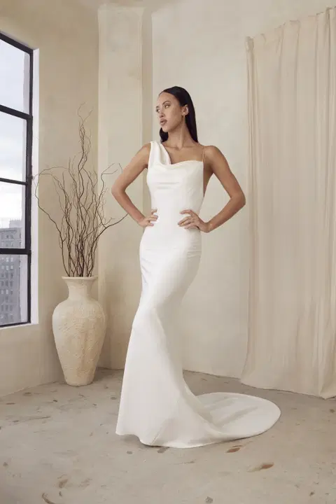 Davina wedding dress by Casablanca Bridal, satin, asymetric
