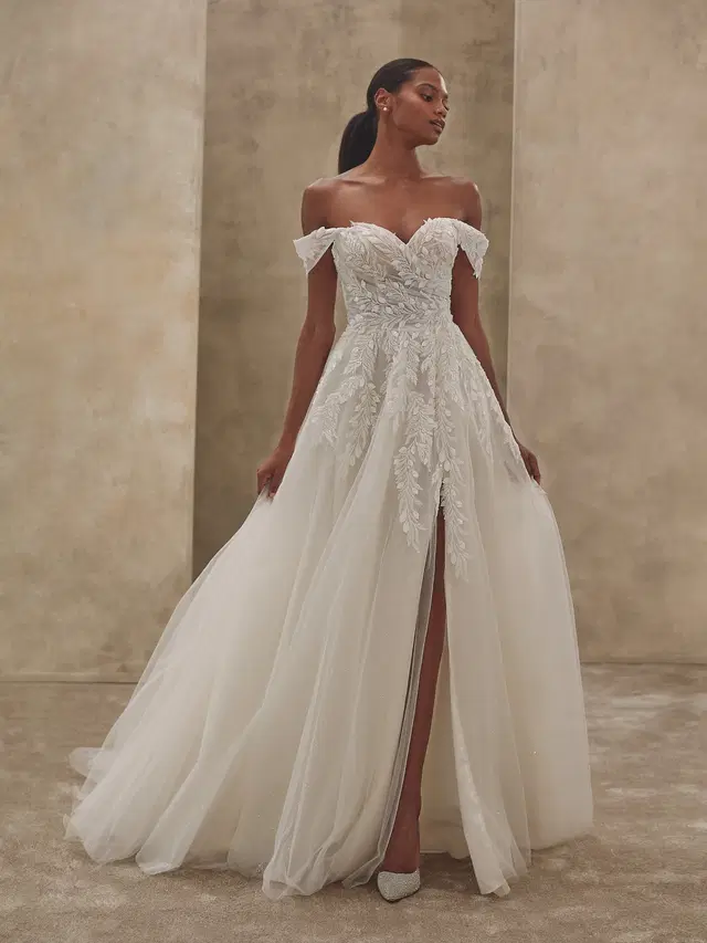 1541 by Demetrios: Ball Gown silhouette, sweetheart neckline, sleeveless, lace