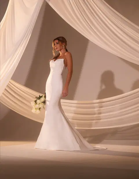 Style RB2218 wedding dress by Rachel Allan, fit & flare, satin