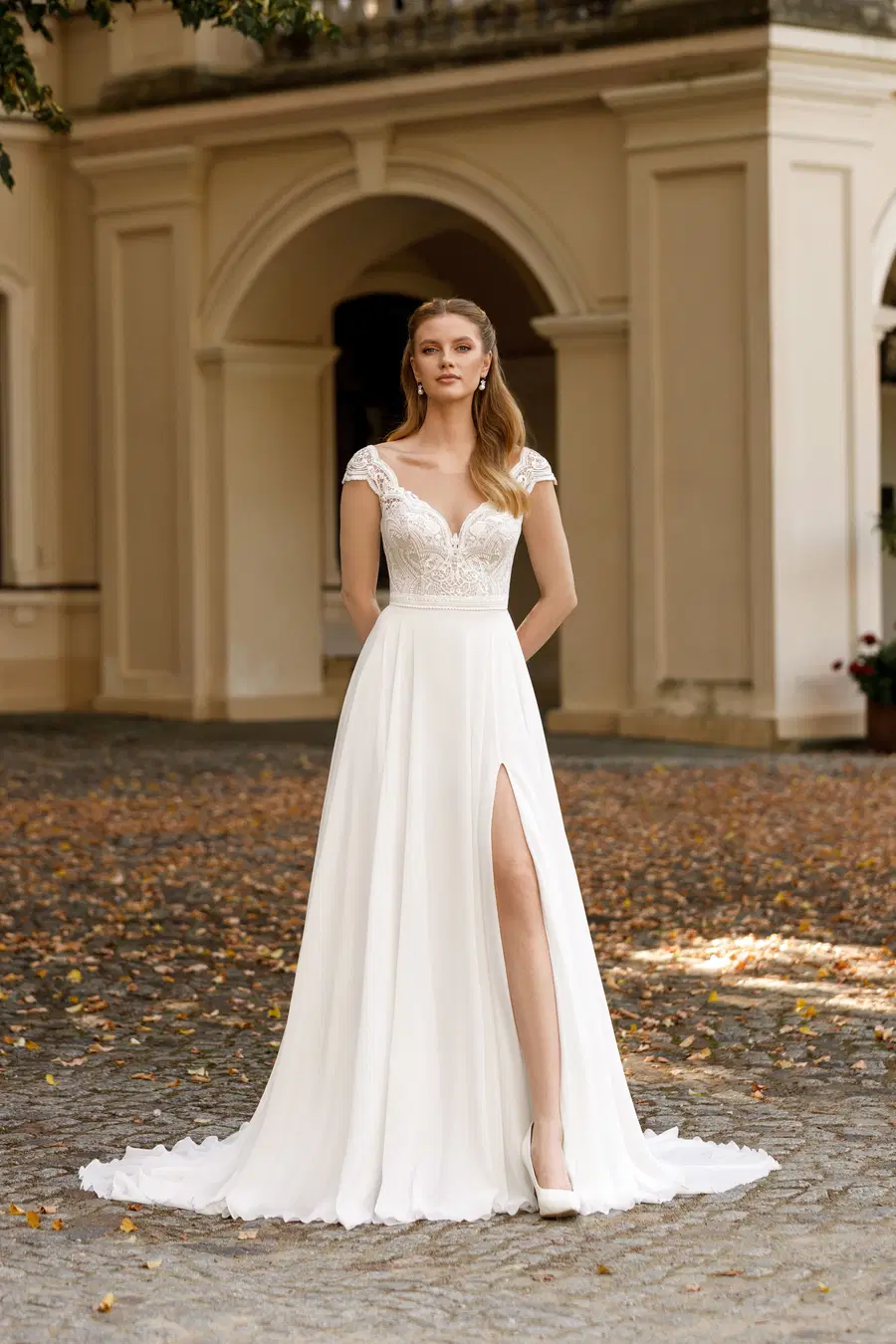 1103+8029 by Angela Bianca: A-Line silhouette, sweetheart neckline, short sleeves, lace