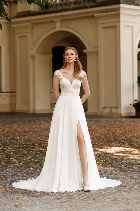 Style 1103+8029 wedding dress by Angela Bianca, A-line, lace