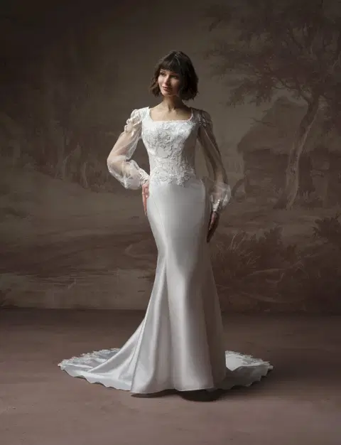 Goldie Leigh wedding dress by Rebecca Ingram, fit & flare, organza